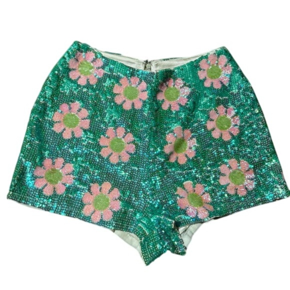 Wildfox High Waist Sequin Floral Shorts - Green and Pink